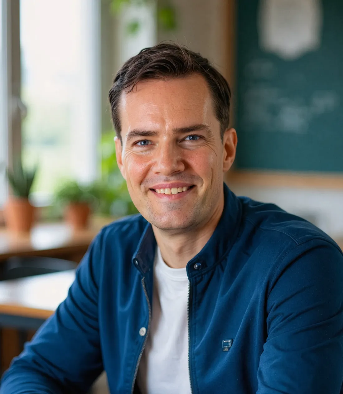 Moritz Warntjen, lächelnd in seinem Klassenzimmer