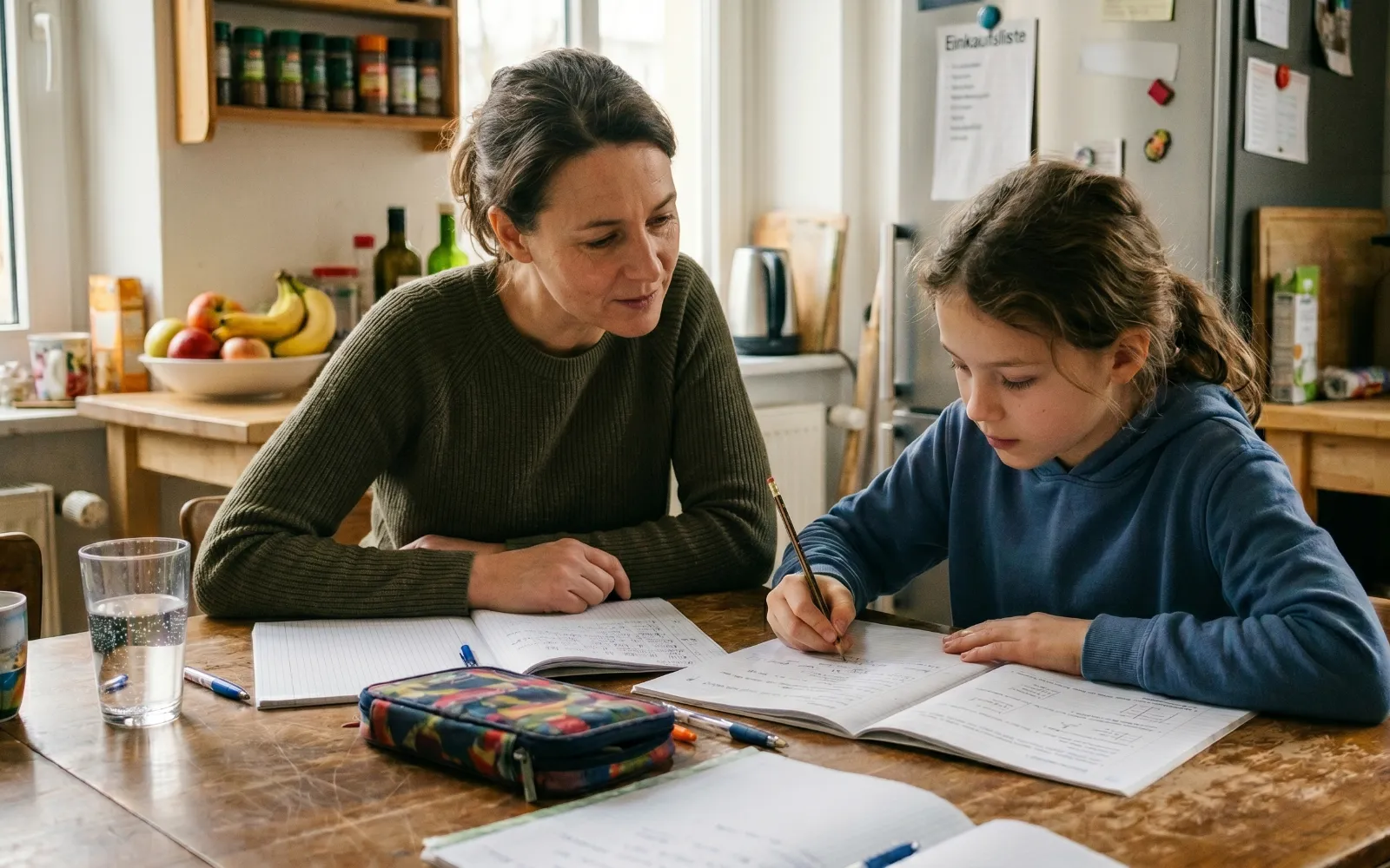 Mutter und Tochter beim Lernen am Küchentisch
