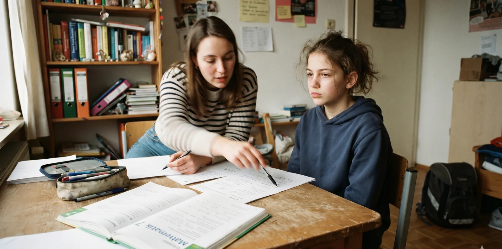 Schülerin macht mit ihrer Nachhilfelehrerin Mathe-Hausaufgaben am Schreibtisch